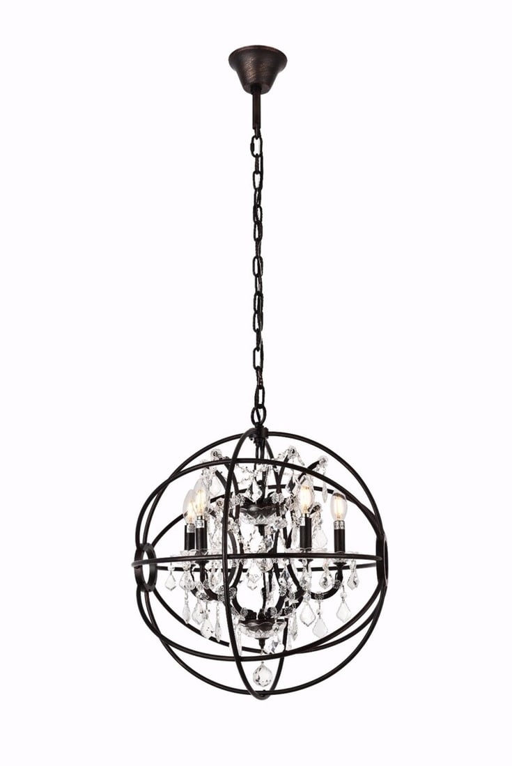 Geneva 5 Light Dark Bronze Crystal Orb Chandelier 23 inch: Geneva 5 Light Dark Bronze Crystal Orb Chandelier 23 inch This modern French-inspired globe chandelier features a dark bronze metal frame adorned with clear Royal Cut crystals. Designed with five ligh
