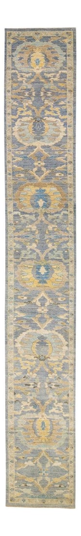 Handmade Blue Floral Wool Runner 3'6 x 25'9 Sultanabad: Handmade Blue Floral Wool Runner 3'6 x 25'9 Sultanabad Enhance your space with this exquisite modern Sultanabad hand-knotted wool runner, featuring a stunning blue field adorned with a classic all-ove