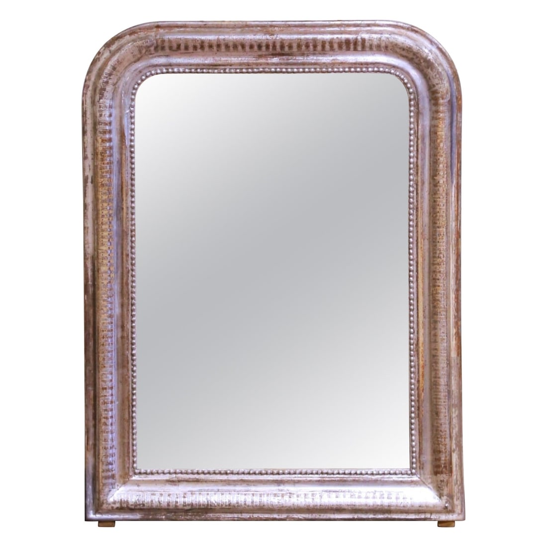 French Louis Philippe Silver Leaf Mirror with Linear Stripe Frame circa 1870: French Louis Philippe Silver Leaf Mirror with Linear Stripe Frame circa 1870 This late 19th-century French Louis Philippe wall mirror features a rectangular frame with softly rounded corners and a ste