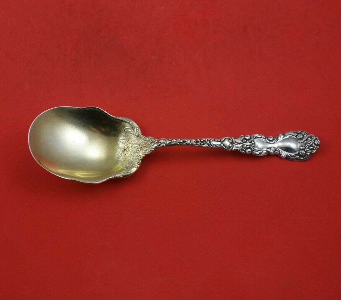 Gorham Imperial Chrysanthemum Sterling Silver Berry Spoon 8 3/4" Fluted Gold Wash: Gorham Imperial Chrysanthemum Sterling Silver Berry Spoon 8 3/4" Fluted Gold Wash This exquisite serving spoon features the Imperial Chrysanthemum pattern by Gorham, crafted from high-quality sterling