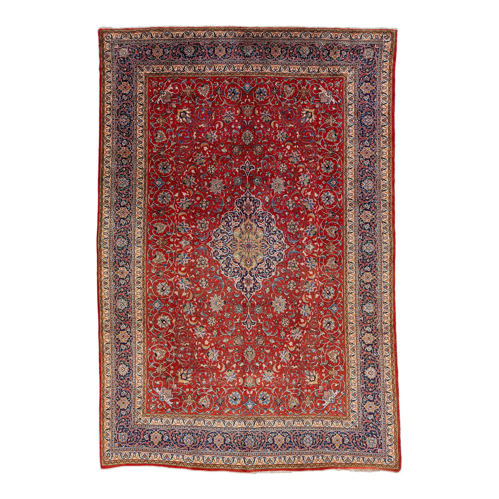 1960s Handmade Kerman Persian Wool Rug Red Geometric Medallion 9'2" x 13'9": 1960s Handmade Kerman Persian Wool Rug Red Geometric Medallion 9'2" x 13'9" This exquisite 1960s Vintage Kerman Persian rug showcases a vibrant red base beautifully complemented by an allover geometri