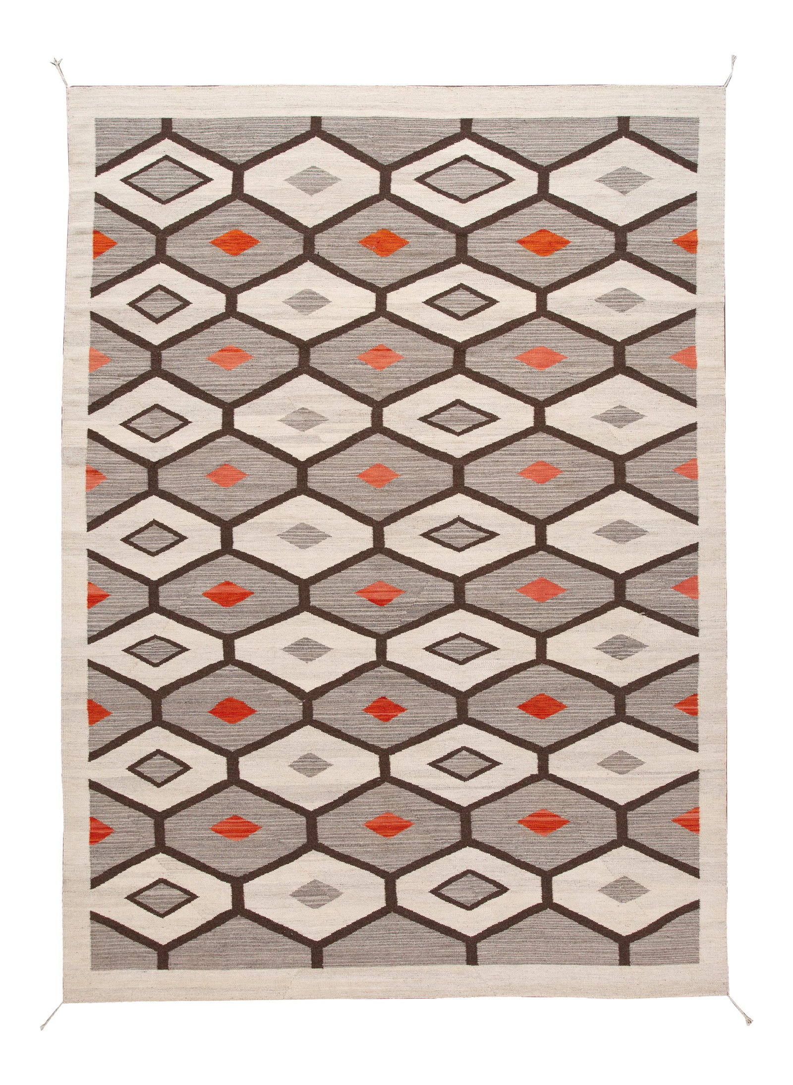 Contemporary Navajo Style Handwoven Wool Rug 9'9 x 13'9: Contemporary Navajo Style Handwoven Wool Rug 9'9 x 13'9 This stunning contemporary flat-weave rug showcases a handwoven design inspired by Navajo artistry. Featuring a sophisticated gray field complem
