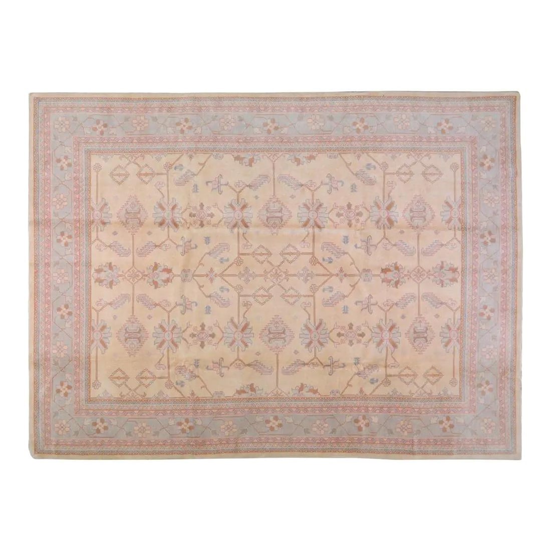 Turkish Oushak Wool Hand Knotted Rug 8'10x12 Tan: Turkish Oushak Wool Hand Knotted Rug 8'10x12 Tan This vintage Turkish Oushak rug is hand-knotted from wool using traditional rug-making techniques. It features a timeless design that combines classic 