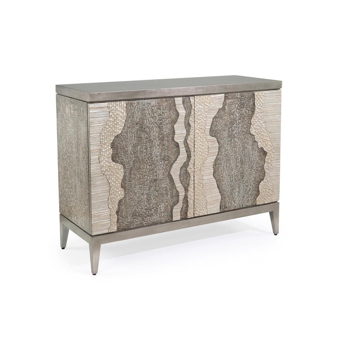 John-Richard River's Edge Elegant Dual Door Chest Silver Finish: John-Richard River's Edge Elegant Dual Door Chest Silver Finish Introducing the Elegant Dual Door Chest, a stunning piece that combines vintage charm with modern elegance. Crafted in an antique style,