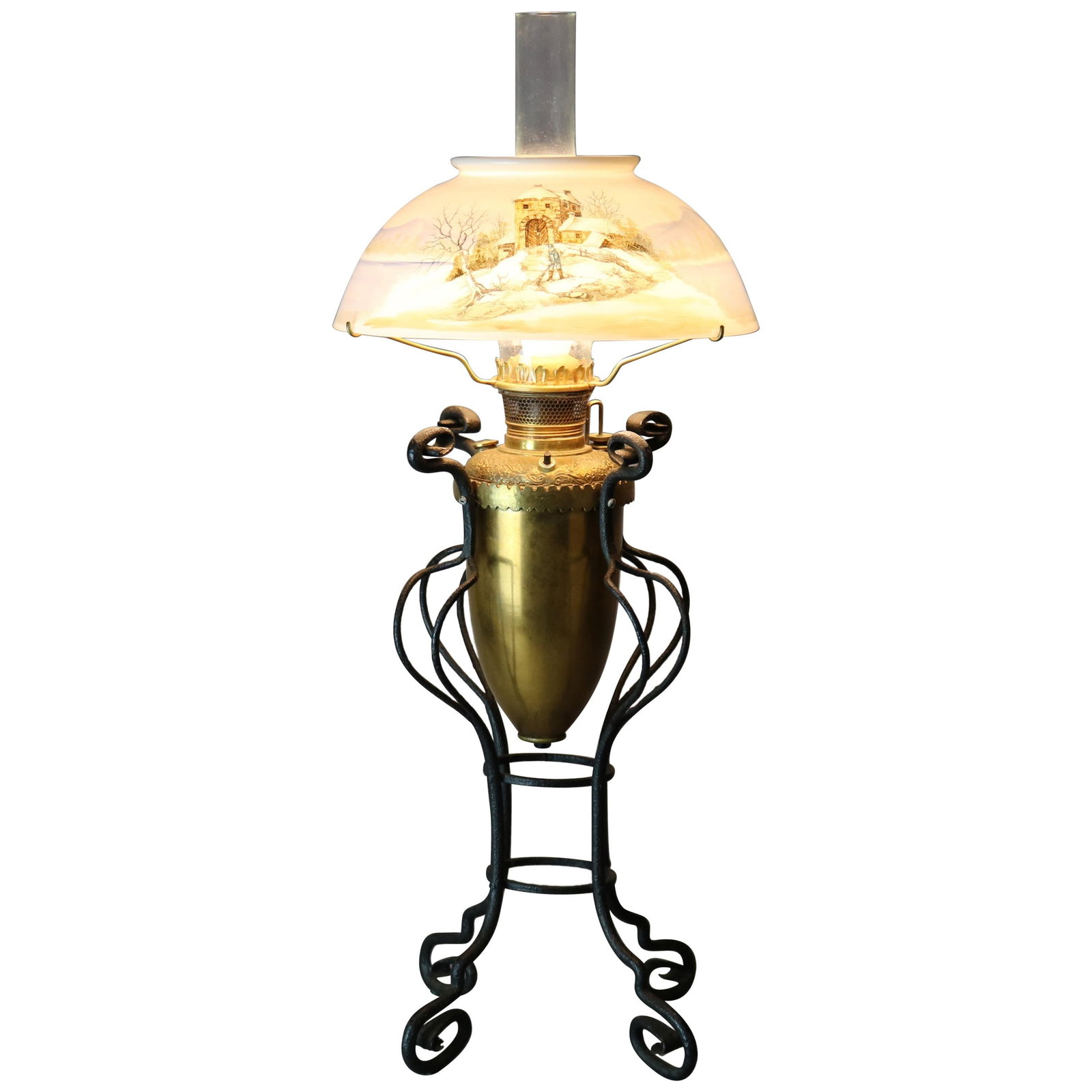 Arts & Crafts Antique Wrought Iron Table Lamp with Hand-Painted Shade C1910: Arts & Crafts Antique Wrought Iron Table Lamp with Hand-Painted Shade C1910 This exquisite antique table lamp, crafted in the Arts and Crafts style around 1910, features a wrought iron frame with eleg