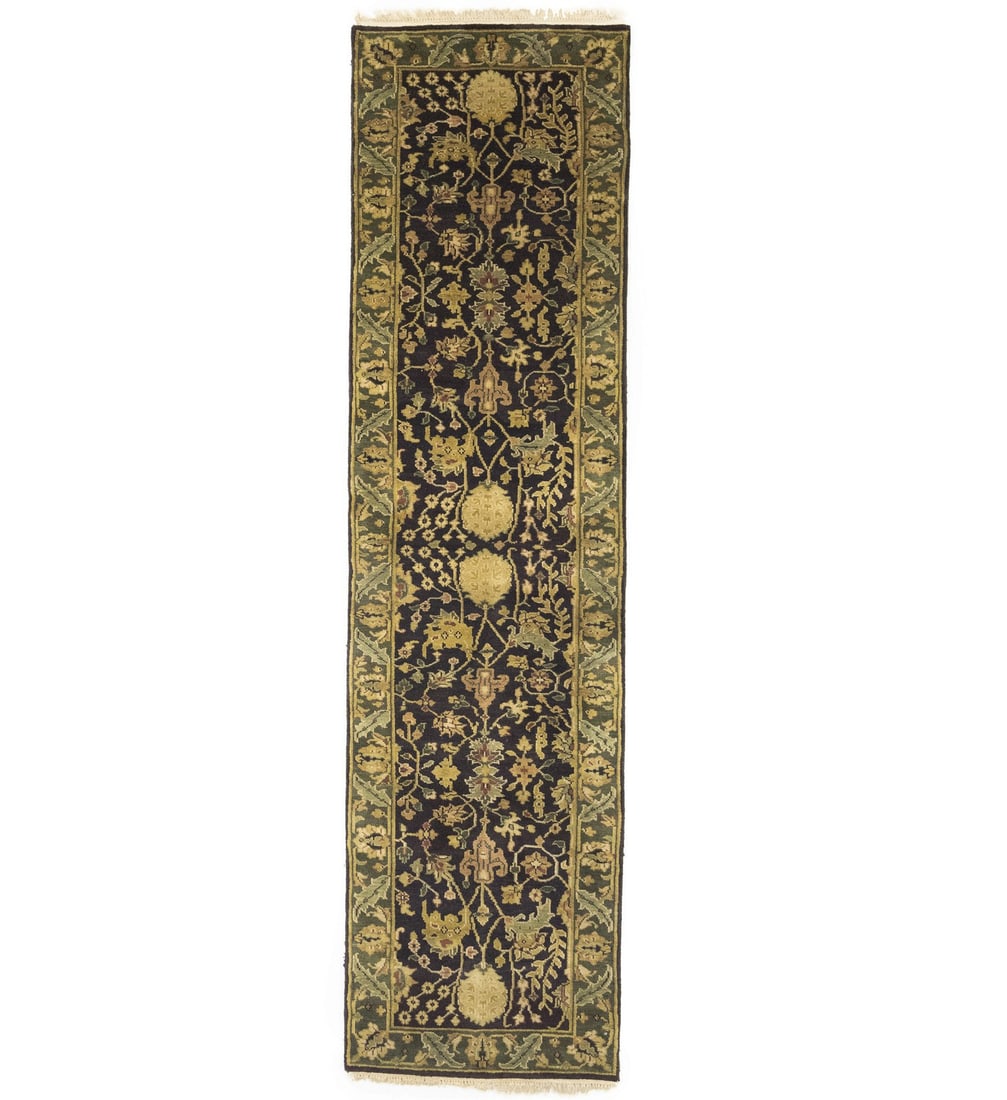 Hand Knotted Wool Agra Jaipur Floral Runner 2'7 x 9'11: Hand Knotted Wool Agra Jaipur Floral Runner 2'7 x 9'11 This hand-knotted Agra Jaipur runner rug features a traditional floral design with a modern touch, crafted from wool in a rectangular shape. The 