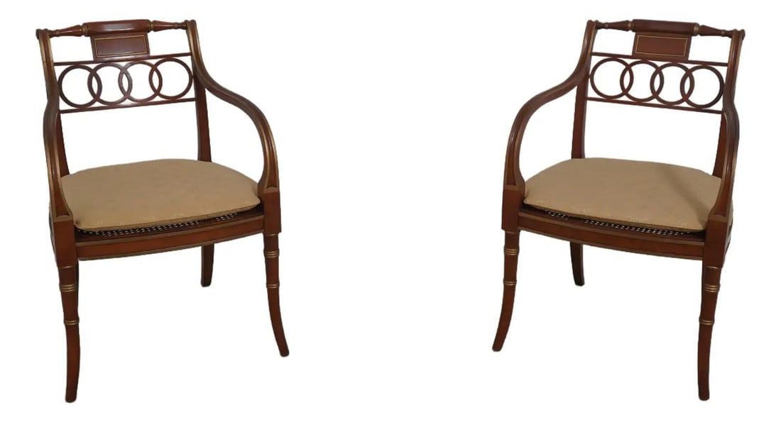 Set of 2 Historic Charleston Collection Wood Open Armchairs with Cane Seats: Set of 2 Historic Charleston Collection Wood Open Armchairs with Cane Seats This pair of open armchairs from the Historic Charleston Collection by Baker showcases high-quality construction with wooden