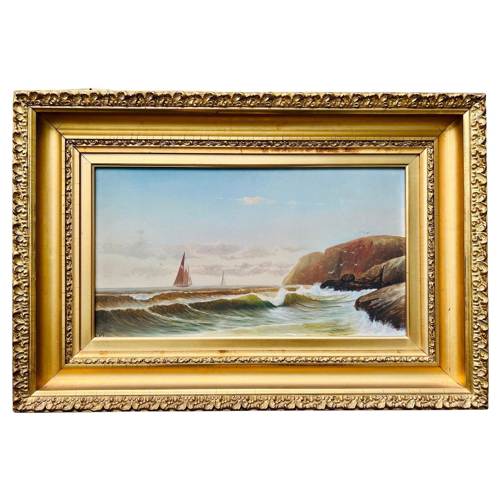 19th Century American Nautical Seascape Oil Painting Signed in Giltwood Frame: 19th Century American Nautical Seascape Oil Painting Signed in Giltwood Frame This stunning 19th-century oil on board painting showcases a vibrant nautical seascape crafted by an American artist. The 
