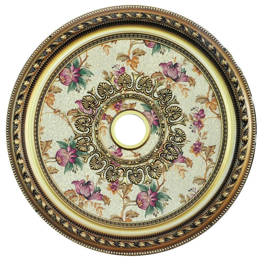 Artistry 32 Inch Round Ceiling Medallion Antique Gold Floral: Artistry 32 Inch Round Ceiling Medallion Antique Gold Floral This 32-inch round ceiling medallion features a vintage floral design with gracefully flowing leaves and beaded borders, making it an elega