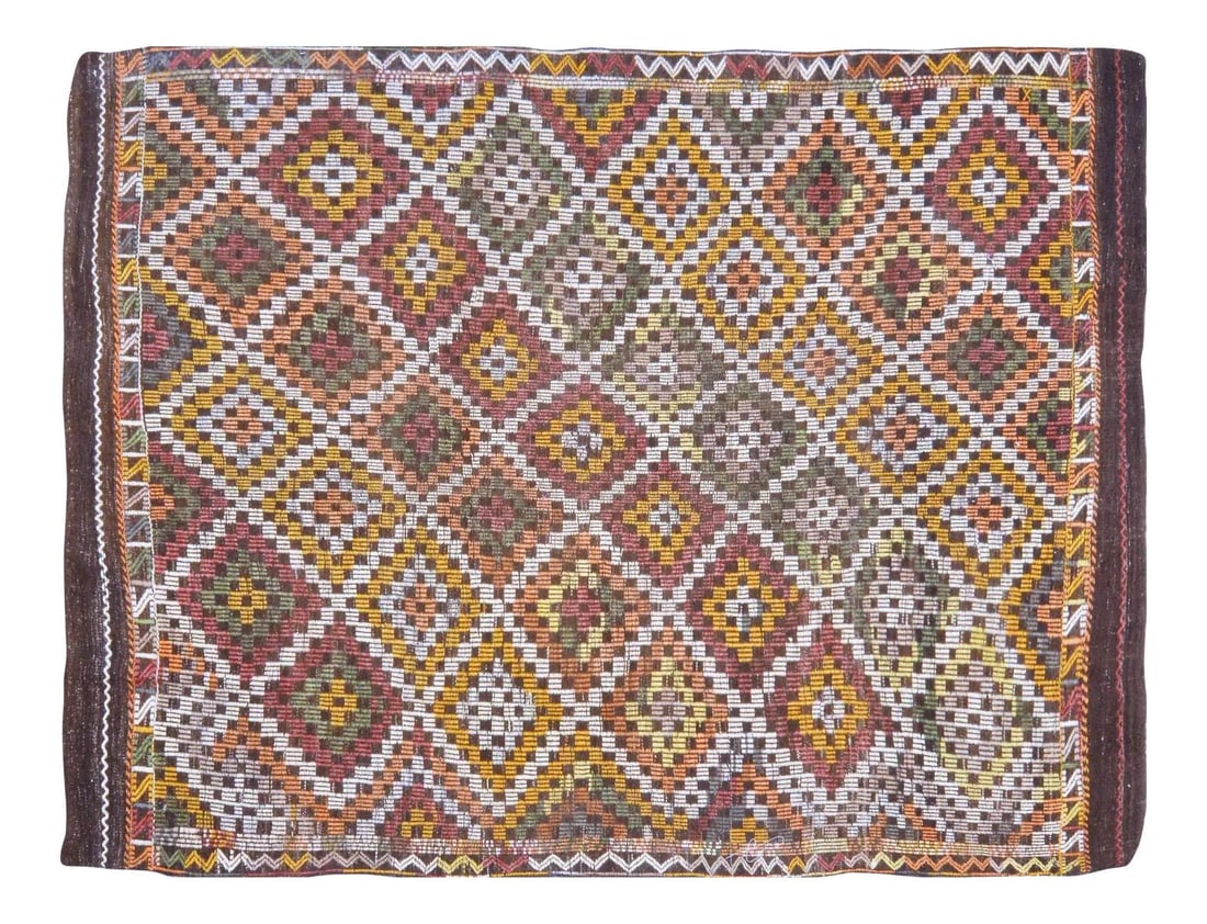 Maimana Afghan Wool Kilim Rug with Geometric Pattern 7'5" x 9'6": Maimana Afghan Wool Kilim Rug with Geometric Pattern 7'5" x 9'6" This vintage Afghan Maimana kilim is hand woven from organic wool and features natural colors with a geometric pattern. The kilim prese