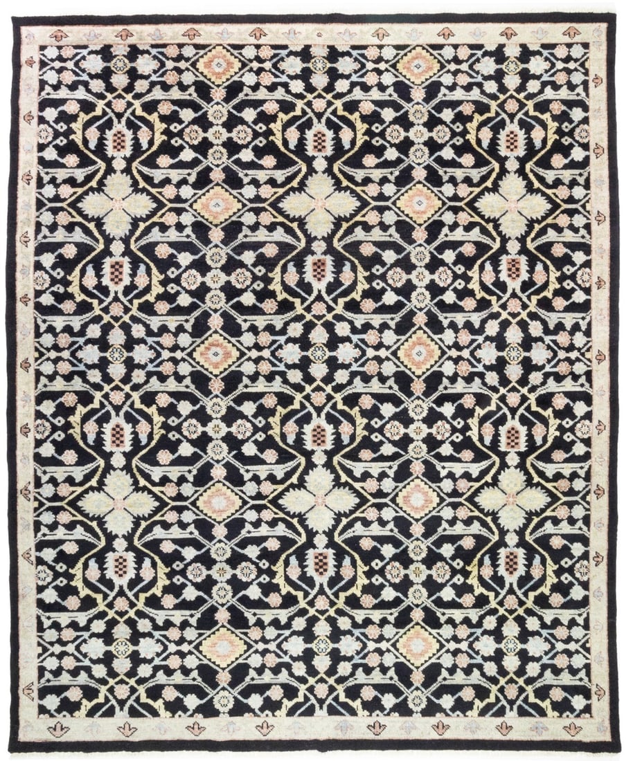 Oversized Hand-Knotted Wool Area Rug Modern Floral Pattern 15'1 x 12'3: Oversized Hand-Knotted Wool Area Rug Modern Floral Pattern 15'1 x 12'3 This handmade oversized area rug features a striking floral design in a palette that includes black, cream, rust, light blue, and