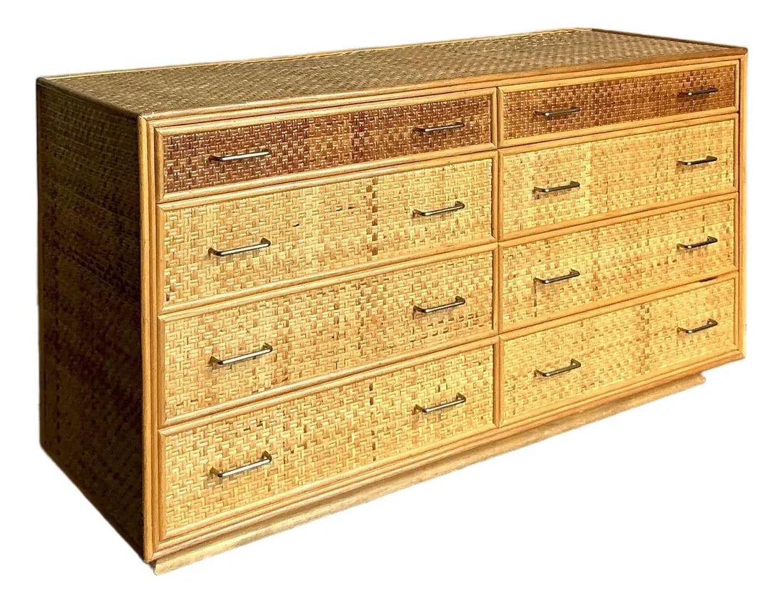 Mid-Century Modern Rattan Dresser With Woven Boho Style 60.5 Inch Wide: Mid-Century Modern Rattan Dresser With Woven Boho Style 60.5 Inch Wide This vintage Boho woven rattan dresser features intricate rattan detailing and Mid-Century Modern influences, offering a warm and