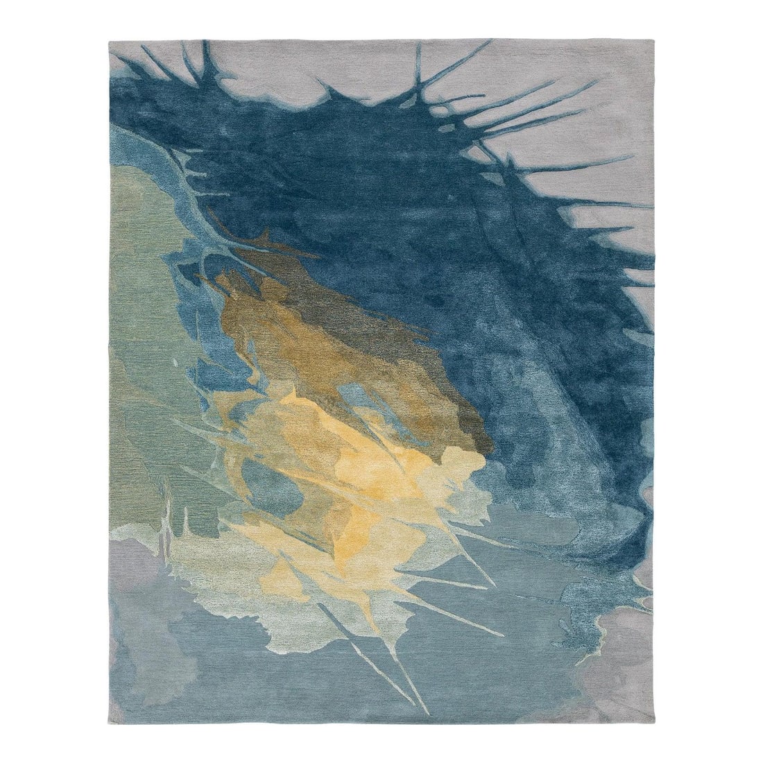 8' x 10' Modern Abstract Wool Viscose Area Rug Blue Gold Grey: 8' x 10' Modern Abstract Wool Viscose Area Rug Blue Gold Grey Modern hand-tufted area rug with an abstract cosmic splash design in blue, gold, and grey. Handcrafted from wool and viscose, it features 