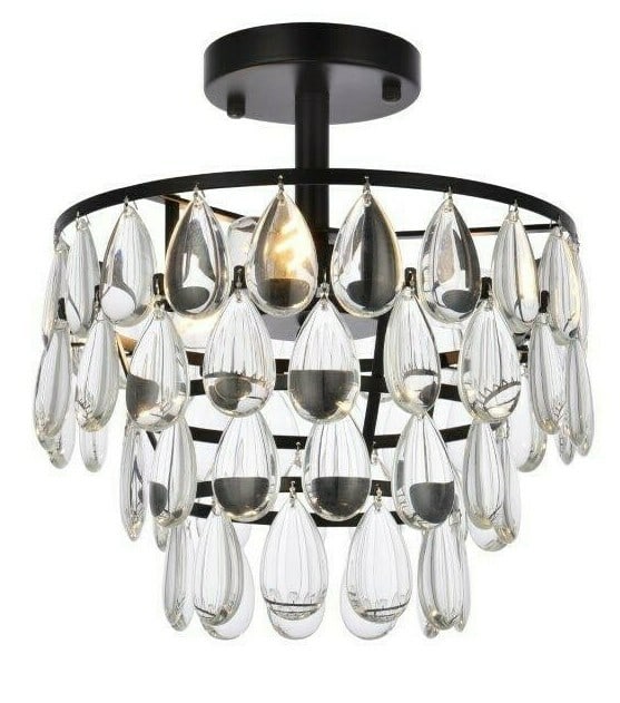 Living District Mila black 3 light flush mount chandelier: Living District Mila black 3 light flush mount chandelier This modern flush mount chandelier features a sleek black finish with high-quality glass or crystal drops, providing a stylish lighting soluti