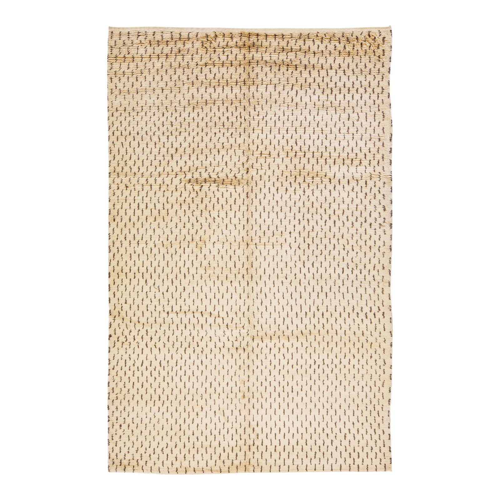 Handmade Modern Moroccan Wool Rug 7'1" x 11' Tan Beige: Handmade Modern Moroccan Wool Rug 7'1" x 11' Tan Beige Enhance your space with this exquisite modern Moroccan style hand-knotted wool rug. Featuring an antique tan-beige field adorned with an all-over