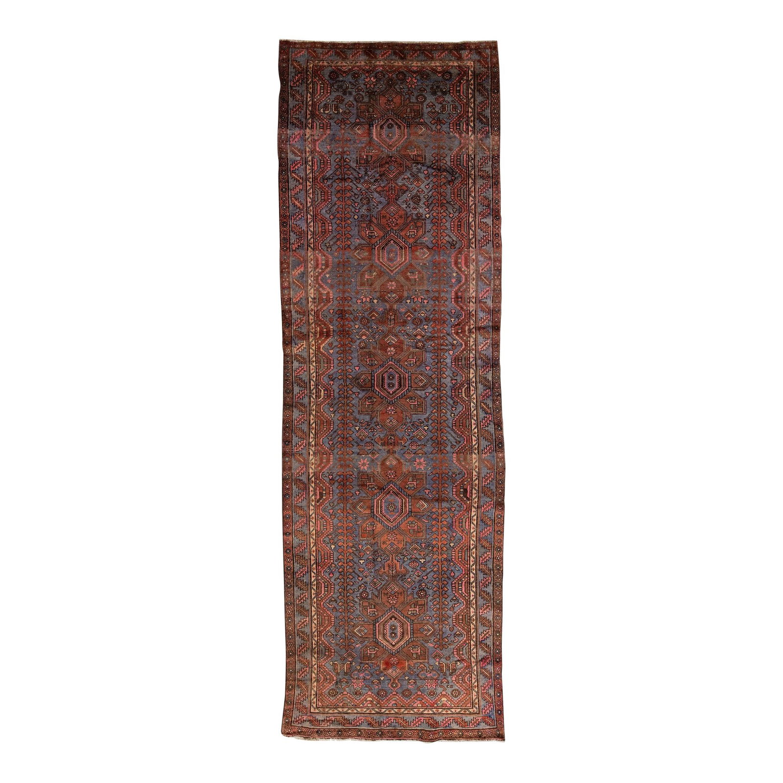 Vintage Persian Heriz Red Wool Runner 4'6" x 14'3" Geometric Design: Vintage Persian Heriz Red Wool Runner 4'6" x 14'3" Geometric Design This stunning vintage Persian Heriz rug features a hand-knotted wool construction, showcasing a vibrant red color field enriched by 