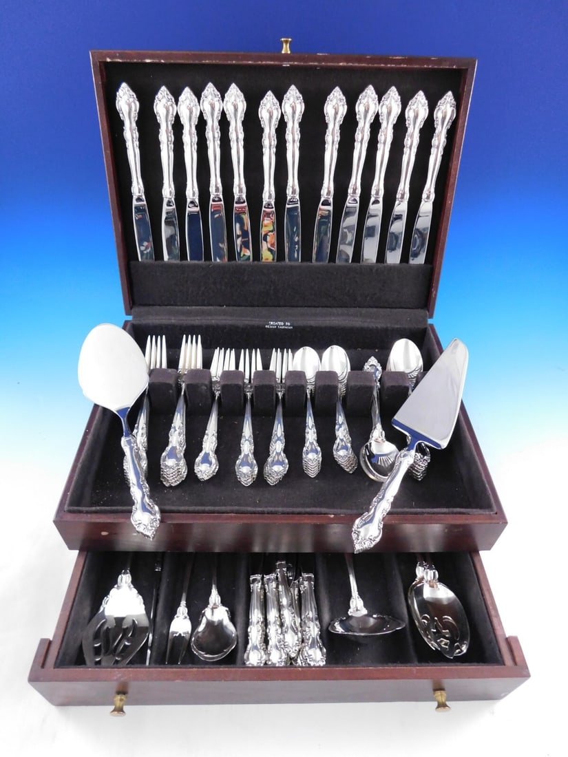 Lunt Malvern sterling silver service for 12 flatware set 81 pieces: Lunt Malvern sterling silver service for 12 flatware set 81 pieces This Malvern pattern flatware set by Lunt is crafted from sterling silver and is designed to serve 12 people. The set consists of a w