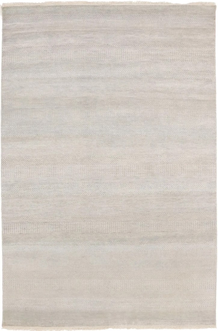 Modern hand-knotted wool area rug with grass motif in oatmeal cream 6'1 x 9'2: Modern hand-knotted wool area rug with grass motif in oatmeal cream 6'1 x 9'2 This handmade modern area rug features a grass design in an oatmeal cream color, crafted from hand-knotted wool. The plush
