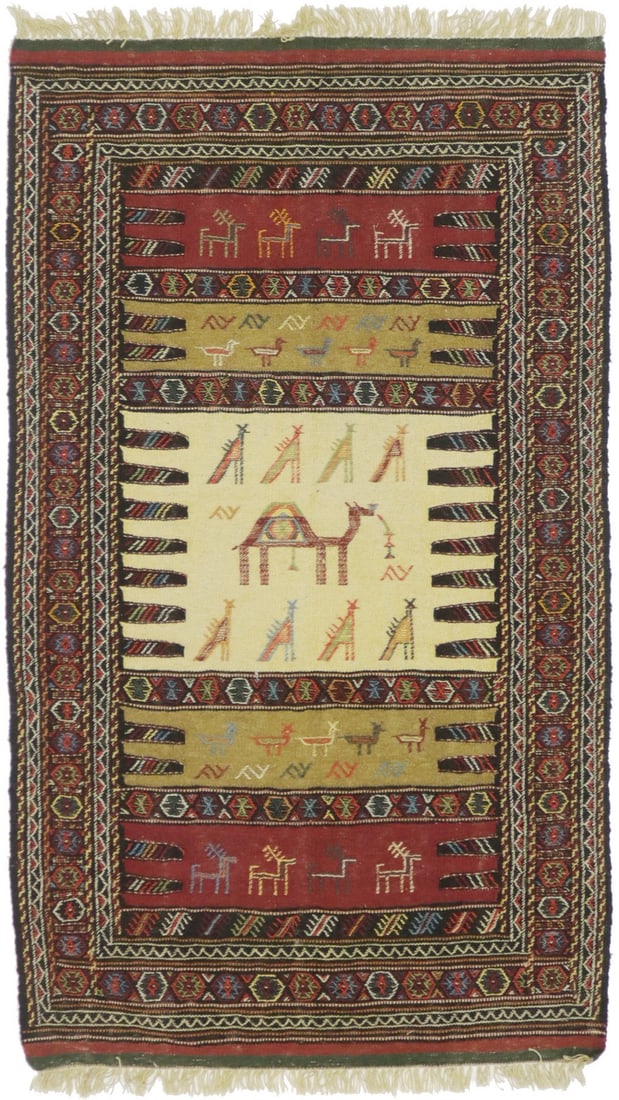 Hand-Woven Sumak Herati Rug 3'3 x 5'9 Tribal Design Wool Carpet: Hand-Woven Sumak Herati Rug 3'3 x 5'9 Tribal Design Wool Carpet Enhance your home decor with this stunning hand-woven Sumak Herati oriental rug, perfect for adding a touch of tribal design to any spac