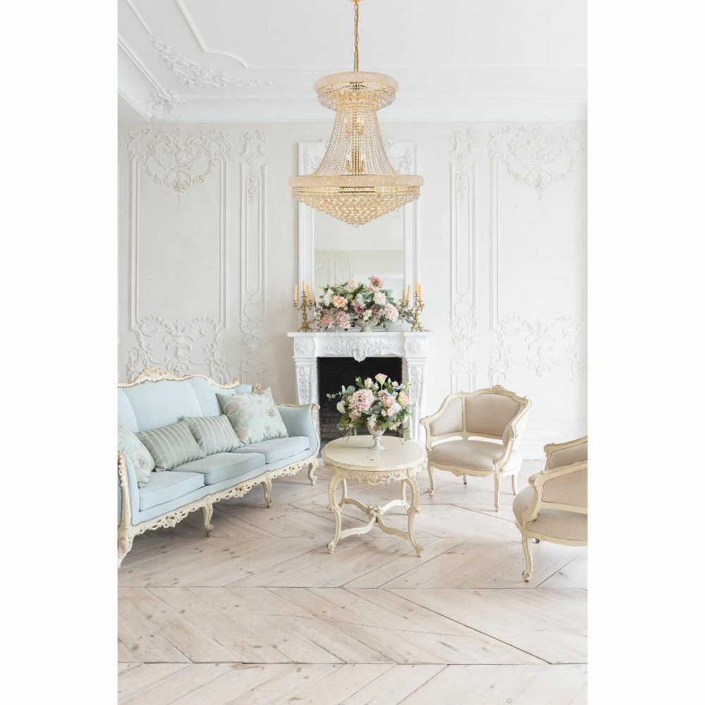 Gold Royal Cut Crystal Foyer Chandelier 28-Light Primo: Gold Royal Cut Crystal Foyer Chandelier 28-Light Primo This large modern chandelier features a gold-finished frame adorned with Royal Cut clear crystal glass, offering an elegant Empire-style design. 