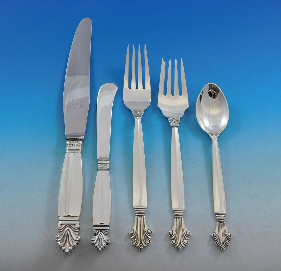 Georg Jensen Acanthus Sterling Silver Flatware Set 64 Pcs 12 Service (1 of 11)