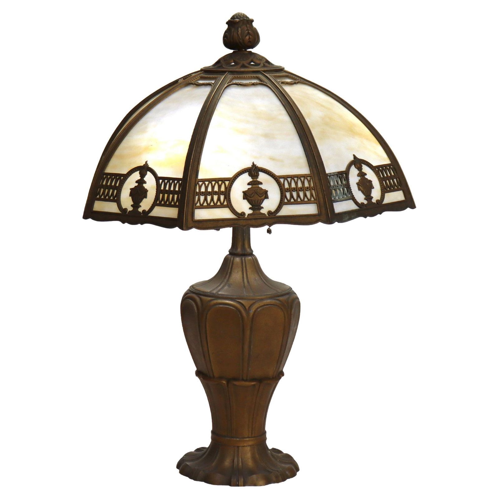 20th Century Arts & Crafts Slag Glass Table Lamp with Shade: 20th Century Arts & Crafts Slag Glass Table Lamp with Shade Illuminate your space with this exquisite Arts & Crafts Slag Glass Table Lamp, a stunning piece from the 20th century. The lamp features a b