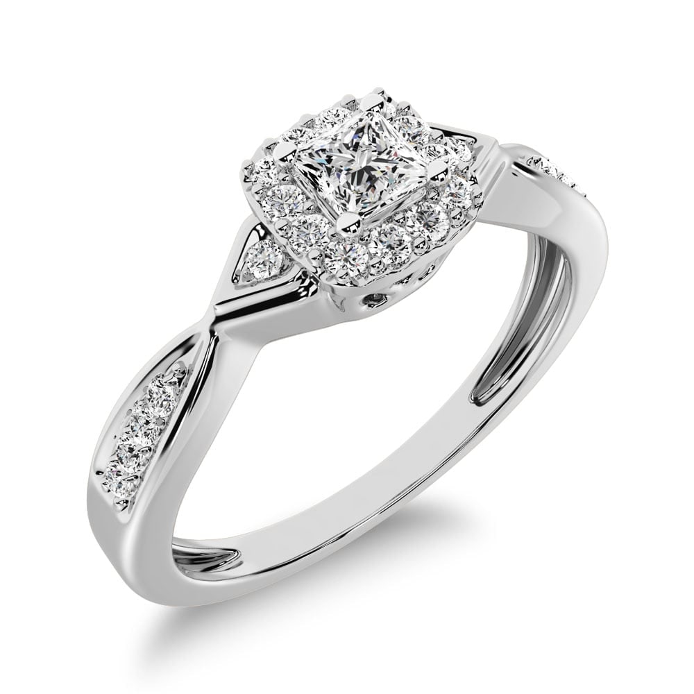 10K White Gold Princess Cut Diamond 1/5 Ct.Tw. Engagement Ring: 10K White Gold Princess Cut Diamond 1/5 Ct.Tw. Engagement Ring Stunning in cool 10K white gold, princess-cut diamond center stone bordered with a squared frame of smaller accent diamonds. Additional d