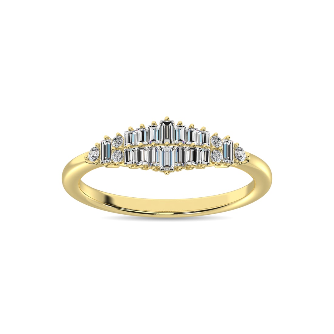 Diamond 1/4 Ct.Tw. Round and Baguette Fashion Ring in 10K Yellow Gold: Diamond 1/4 Ct.Tw. Round and Baguette Fashion Ring in 10K Yellow Gold 10k Yellow Gold Stone Color: G-h Stone Clarity: I1 Each ring is presented in standard size 6.5. Complimentary resizing is availabl