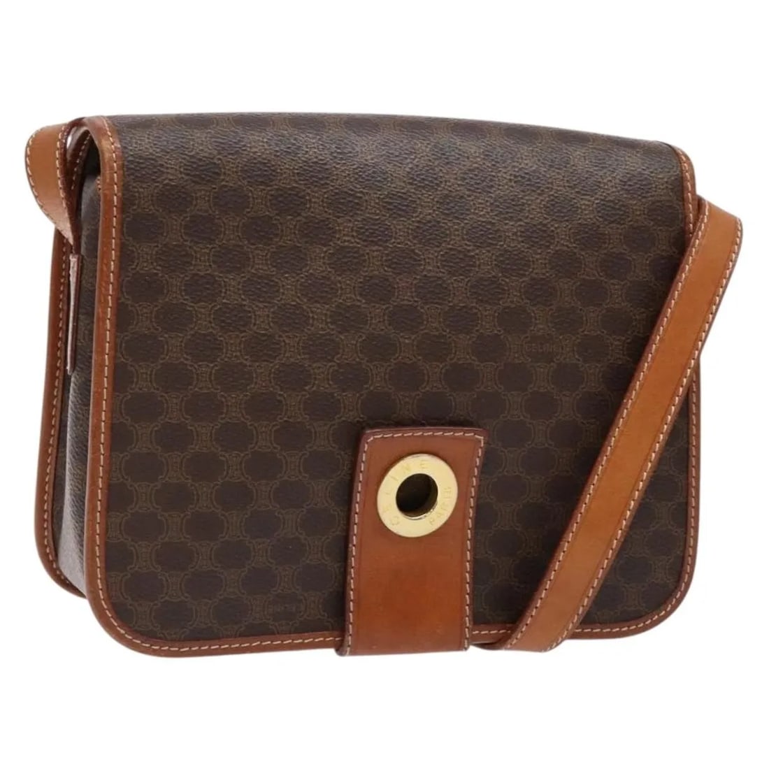Celine Macadam Brown Canvas Shoulder Purse 21cm by 15cm by 6cm: Celine Macadam Brown Canvas Shoulder Purse 21cm by 15cm by 6cm This Celine Macadam shoulder bag is designed for women and crafted from brown canvas with leather accents. It features a shoulder strap a