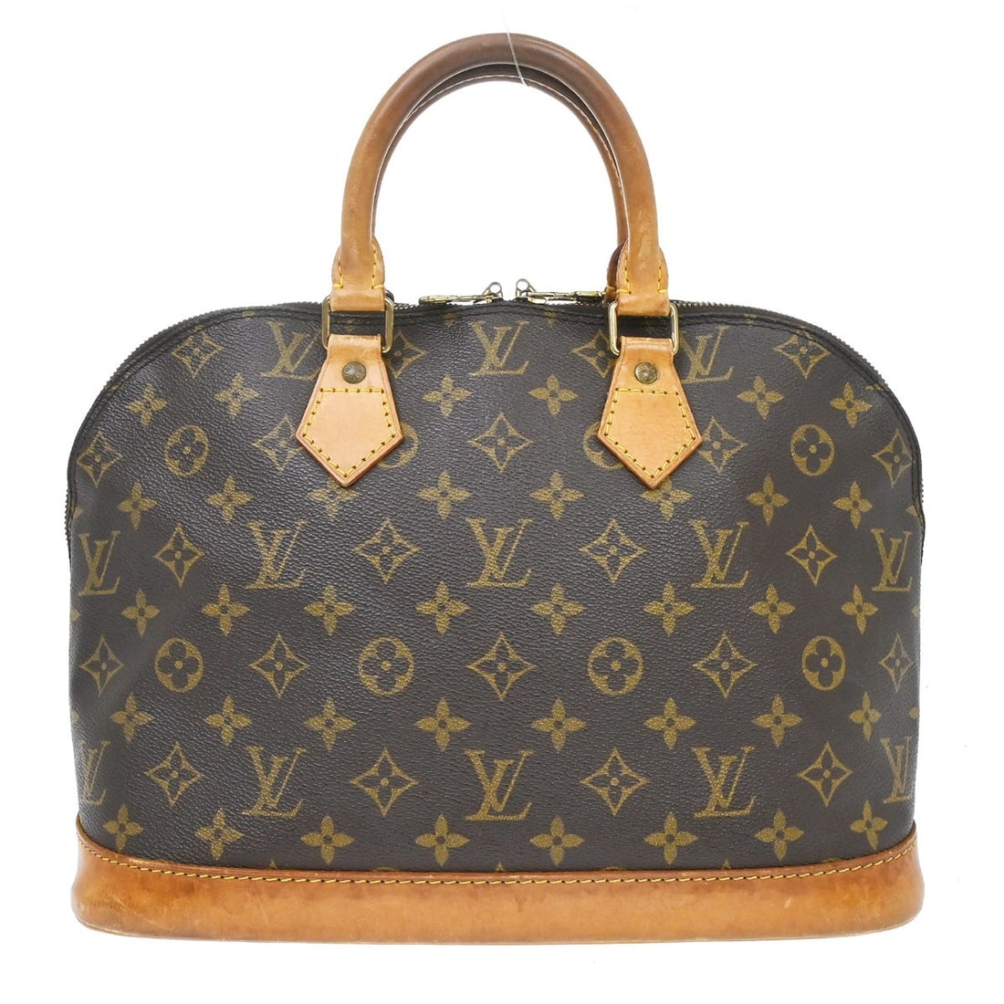 Louis Vuitton Alma Monogram Canvas Handbag M51130 France: Louis Vuitton Alma Monogram Canvas Handbag M51130 France Vintage Louis Vuitton Alma handbag in Monogram canvas with leather trim and double handles. This medium handbag features a zip closure, brown e