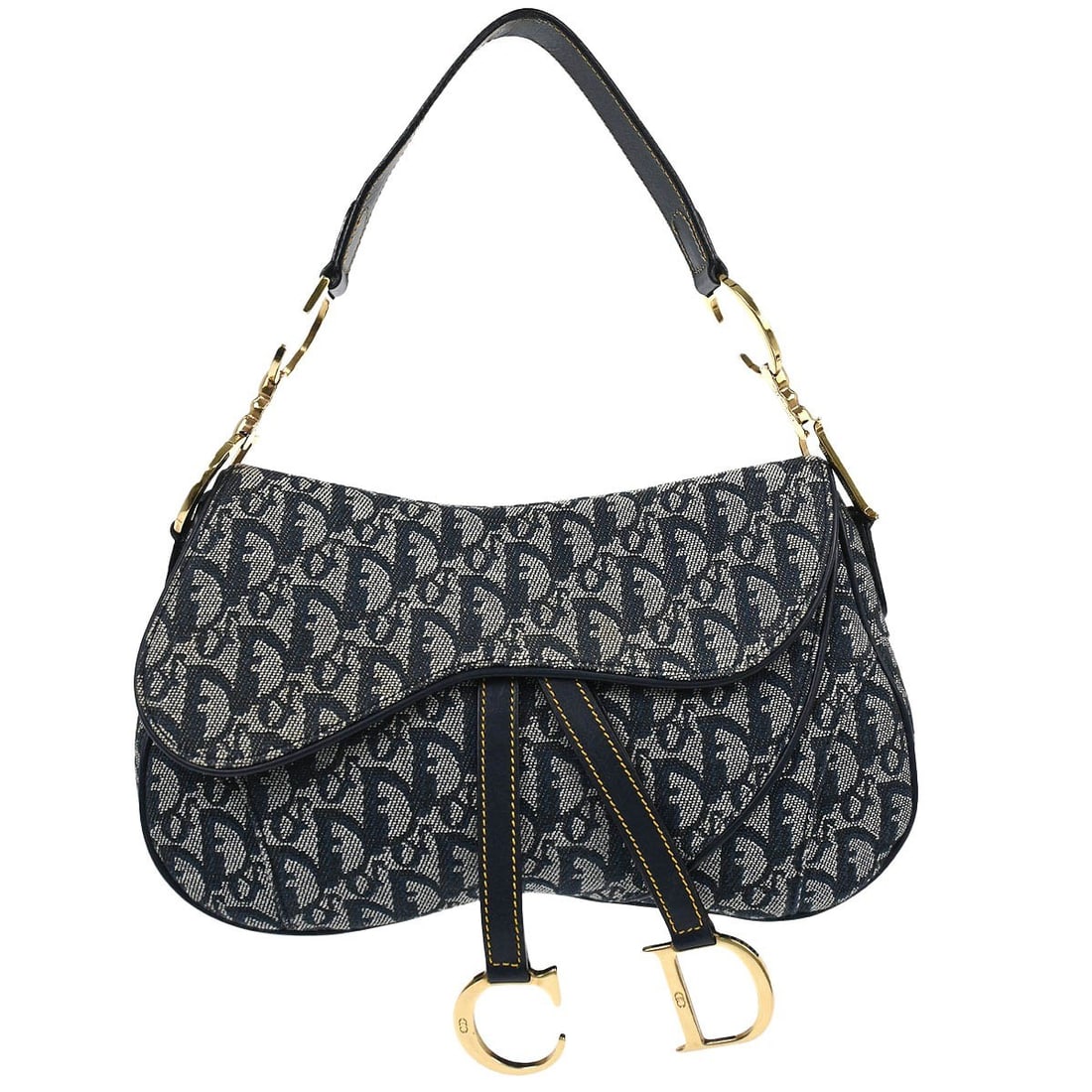 Dior Trotter Double Saddle Shoulder Bag Navy Canvas Leather: Dior Trotter Double Saddle Shoulder Bag Navy Canvas Leather Christian Dior Trotter Double Saddle handbag in navy canvas and leather. This medium shoulder bag features a Velcro closure, one exterior po