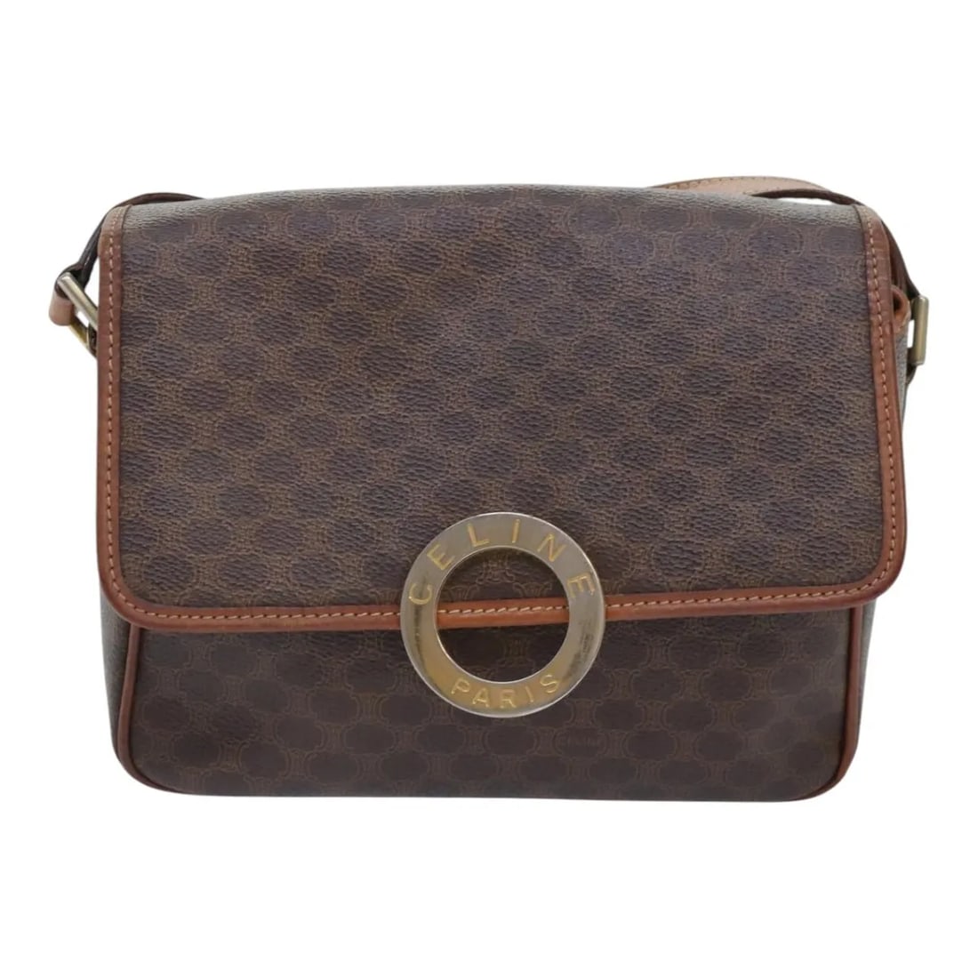 Celine Vintage Macadam Circle Logo Shoulder Bag Canvas Leather Brown: Celine Vintage Macadam Circle Logo Shoulder Bag Canvas Leather Brown This Celine Vintage Macadam Circle Logo Shoulder Bag is crafted from brown canvas with leather trim, featuring the iconic Macadam c