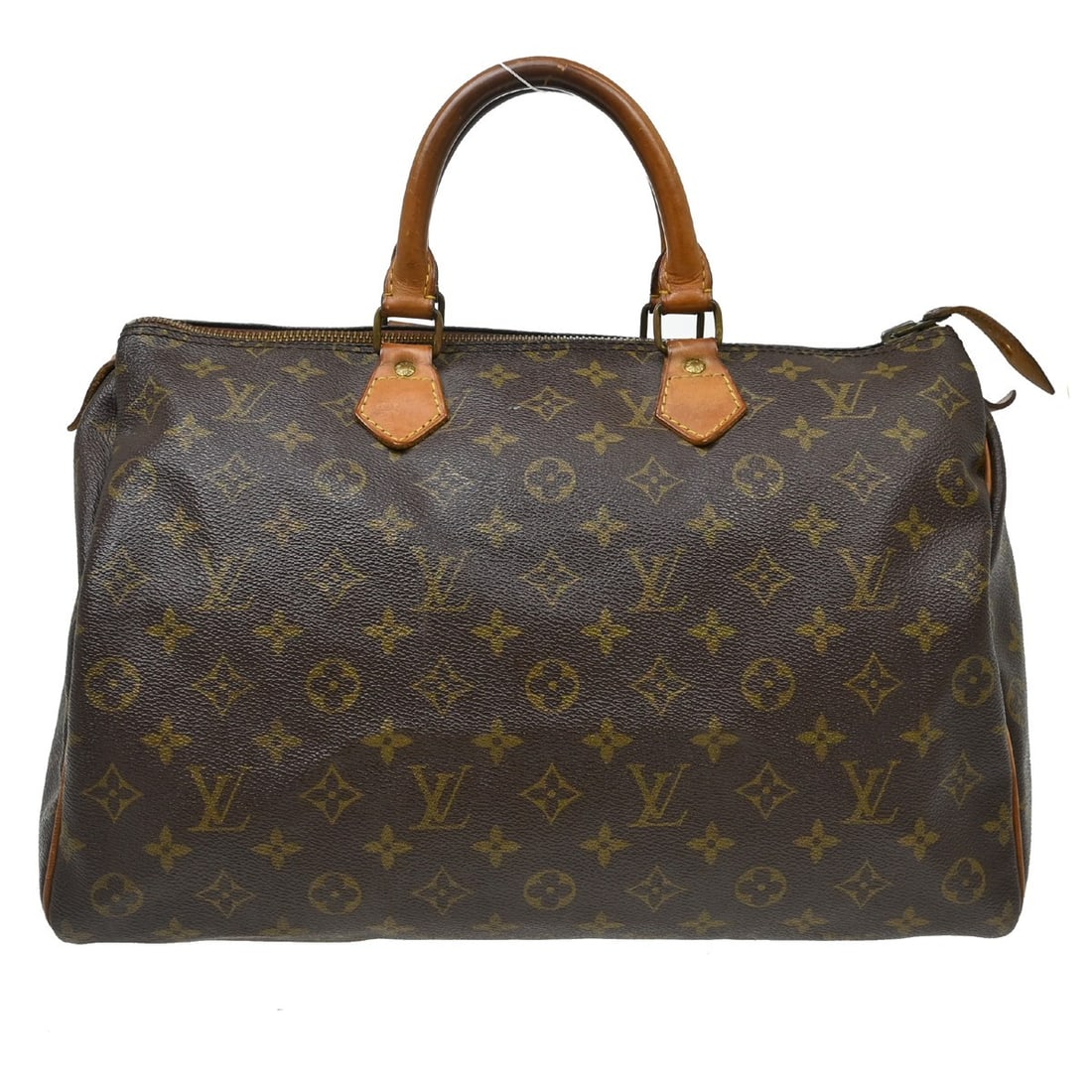 Louis Vuitton Speedy 35 Monogram Satchel Bag M41524 Brown: Louis Vuitton Speedy 35 Monogram Satchel Bag M41524 Brown Vintage Louis Vuitton Speedy 35 handbag in the Monogram line, styled as a satchel/top handle bag with double leather handles and a zip closure