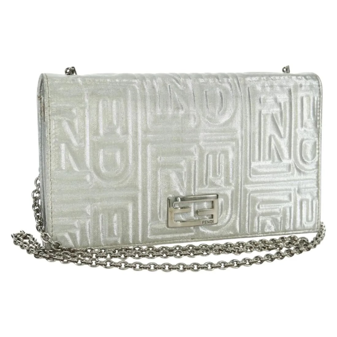 Fendi Wallet on Chain Leather Clutch Silver Italy: Fendi Wallet on Chain Leather Clutch Silver Italy Fendi wallet on chain in silver embossed leather. This women's piece is made in Italy and shows honest vintage wear consistent with good condition, in