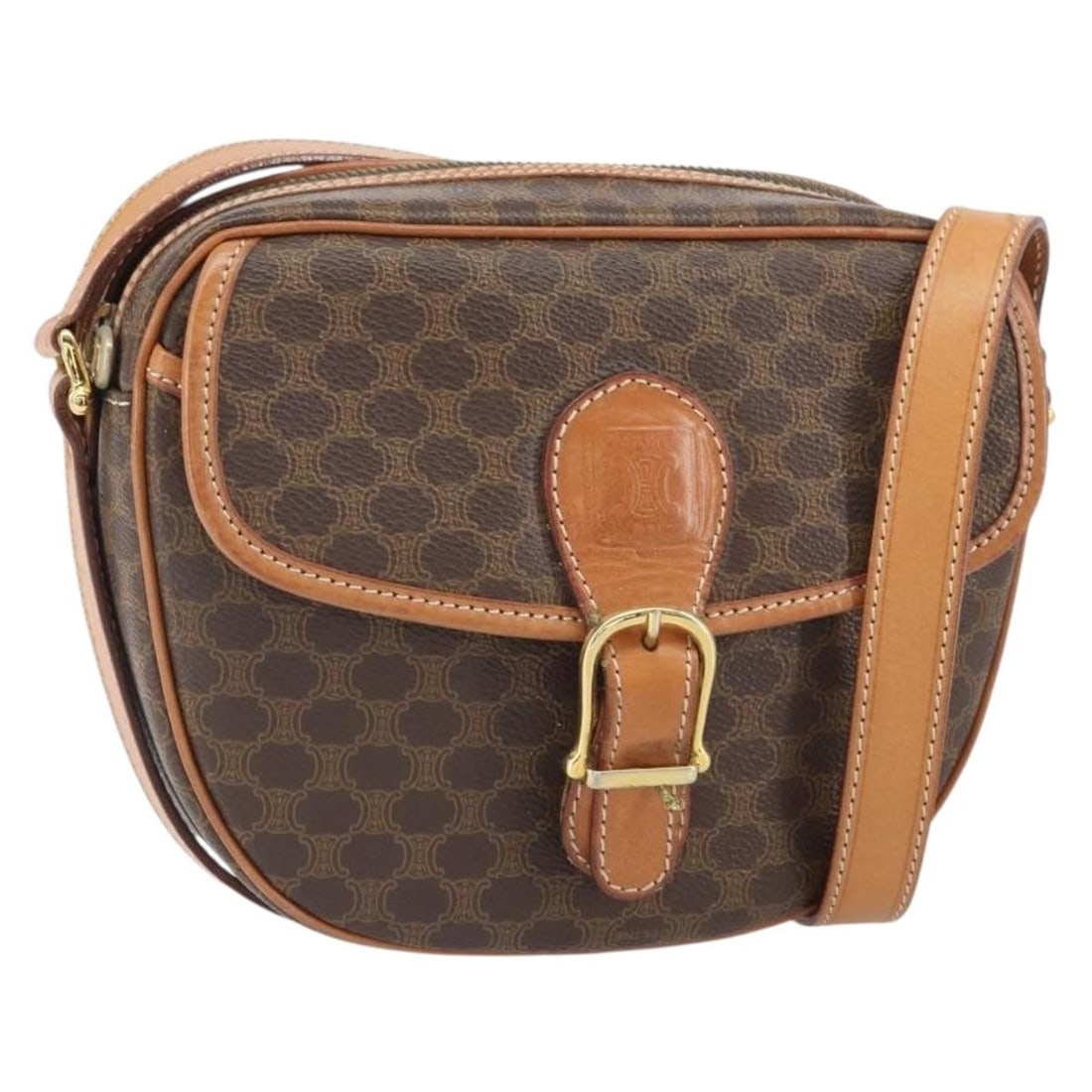 Celine Macadam Brown PVC Shoulder Bag with Gold Accents: Celine Macadam Brown PVC Shoulder Bag with Gold Accents This Celine Macadam shoulder bag features brown and gold PVC leather with the iconic Macadam pattern. The bag is designed for everyday use and o