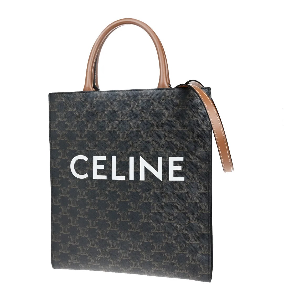 Celine Vertical Cabas Brown Canvas Tote Bag: Celine Vertical Cabas Brown Canvas Tote Bag Celine Vertical Cabas Tote in brown canvas with a Triomphe design. Made in Italy, this tote is presented in good overall condition with visible scuffing, di