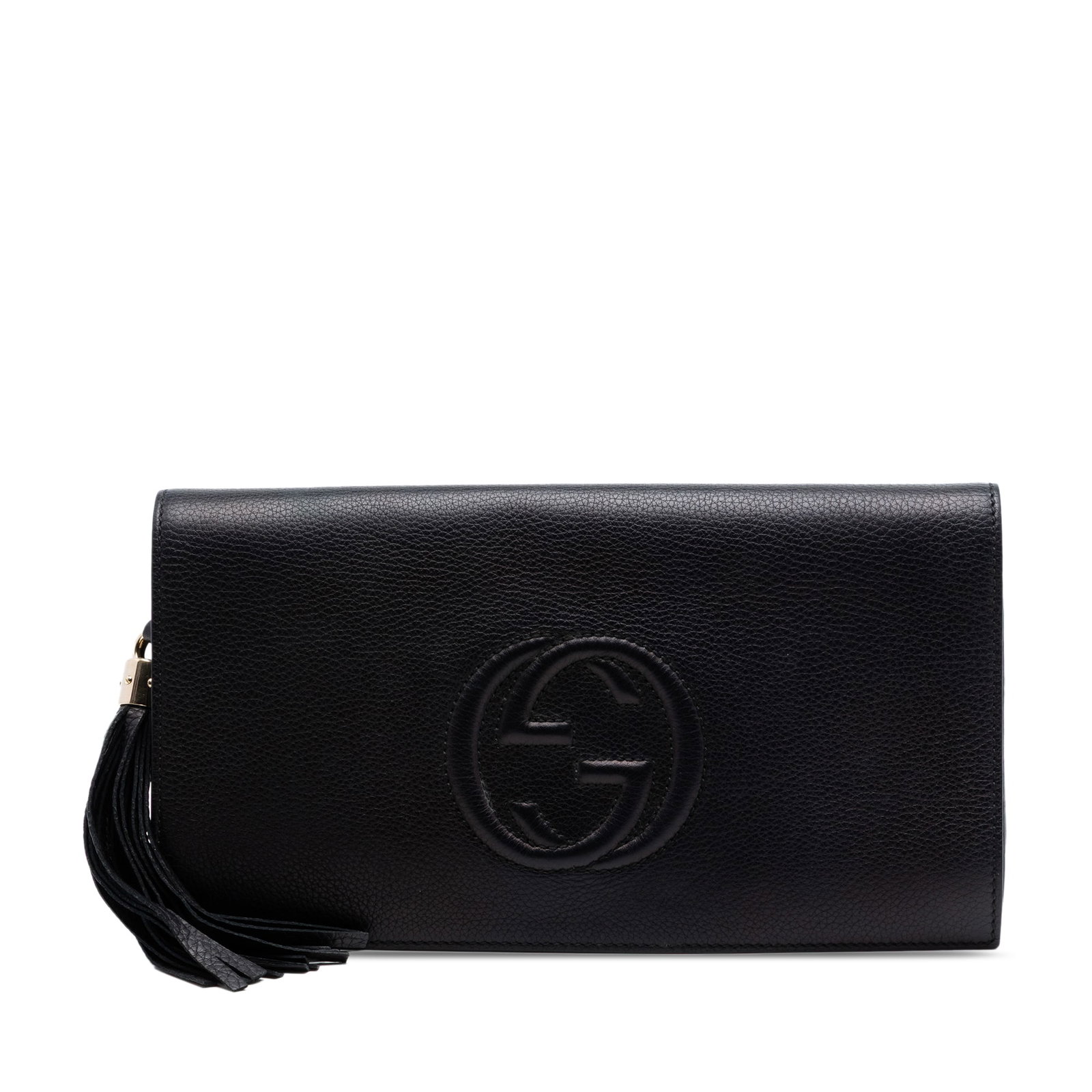 Gucci Soho Disco Leather Clutch Bag with Tassel Black: Gucci Soho Disco Leather Clutch Bag with Tassel Black Gucci Leather Soho Disco Clutch in black leather with tassel detail and a front flap with magnetic snap closure. The interior includes a zip pocke