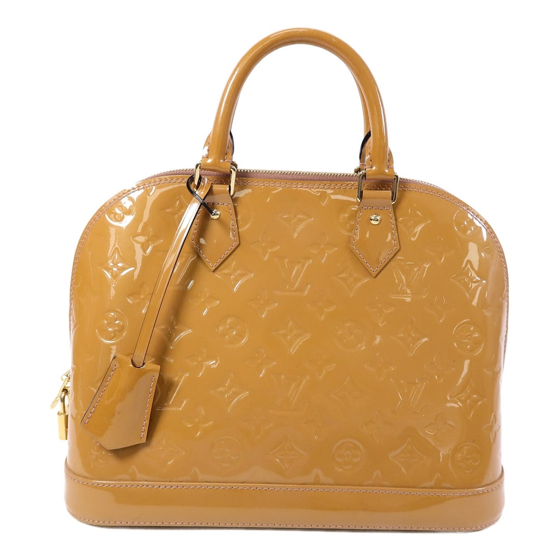 Louis Vuitton Alma PM Monogram Vernis Yellow Handbag GHW: Louis Vuitton Alma PM Monogram Vernis Yellow Handbag GHW This LOUIS VUITTON Alma PM handbag features the signature Monogram Vernis patent leather in a vibrant yellow shade. Designed for women, it offe