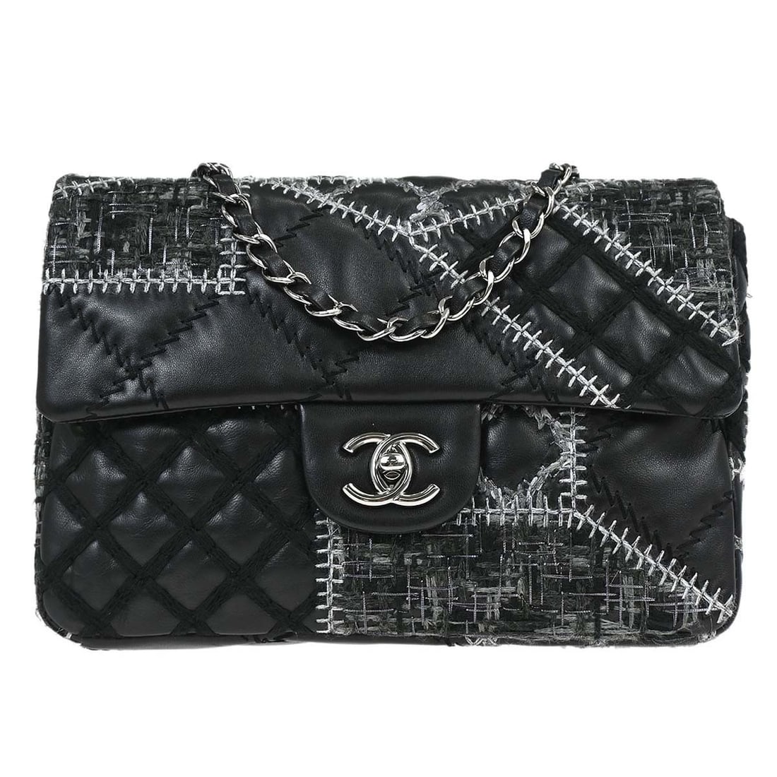 Chanel Small Black Lambskin Shoulder Bag with Tweed Patchwork: Chanel Small Black Lambskin Shoulder Bag with Tweed Patchwork Chanel shoulder bag in black tweed and lambskin leather with a matelasse pattern and flap turnlock closure. This small shoulder bag featur