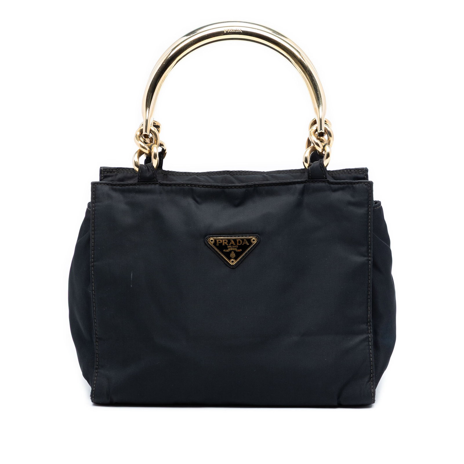 Prada Black Tessuto Nylon Handbag with Gold Metal Top Handles: Prada Black Tessuto Nylon Handbag with Gold Metal Top Handles This Prada Tessuto Metal Handle Bag features a black nylon body with gold-tone metal top handles, a top zip closure, and an interior zip p