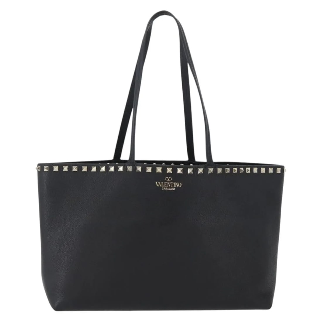 Black Leather Rockstud Shopper Tote Bag by Valentino Garavani: Black Leather Rockstud Shopper Tote Bag by Valentino Garavani This Valentino Garavani Rockstud Shopper Tote is crafted from black leather and designed for women. The bag features signature Rockstud ac
