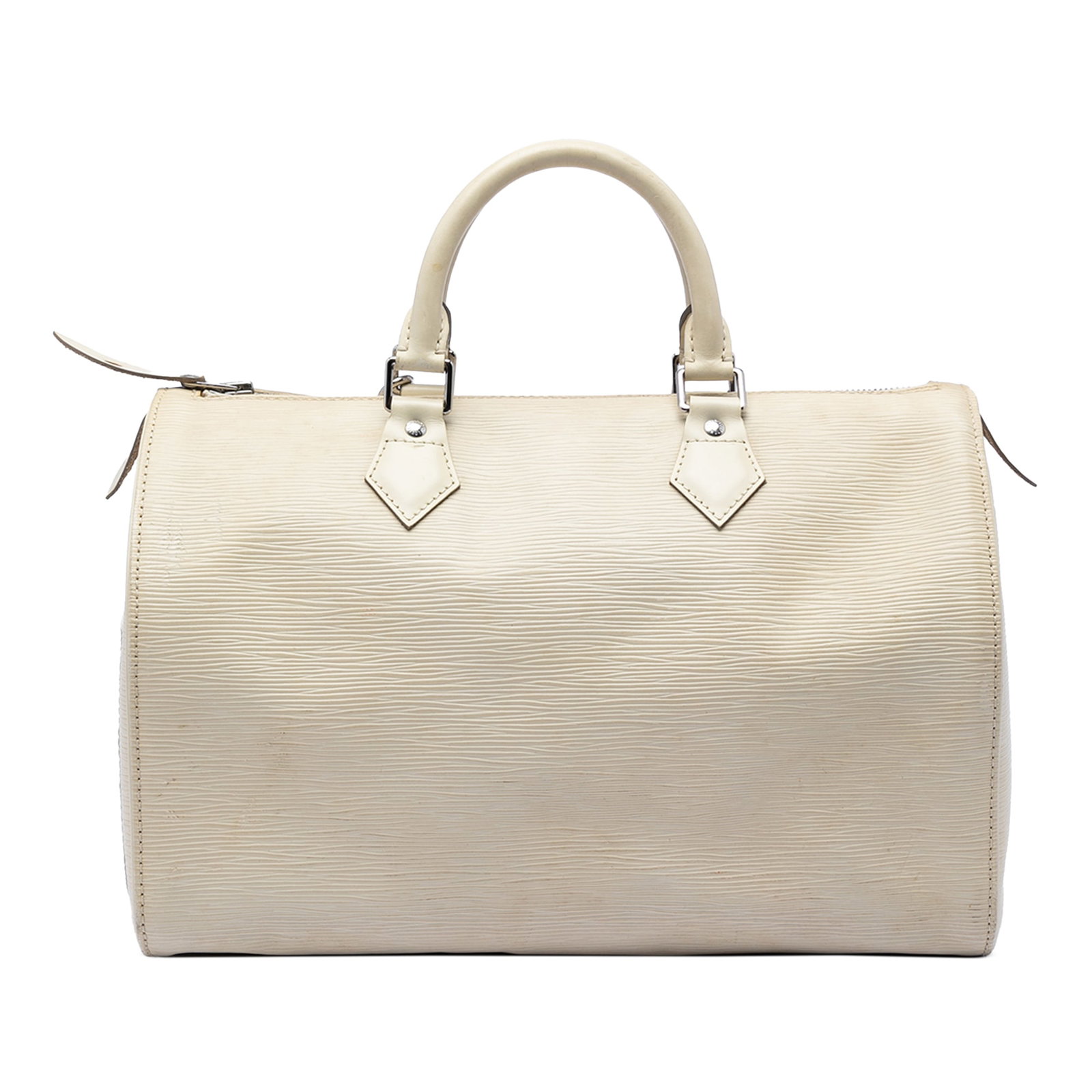 Louis Vuitton Epi Speedy 35 White Leather Bag: Louis Vuitton Epi Speedy 35 White Leather Bag This Louis Vuitton Epi Speedy 35 is crafted from epi leather in white and features rolled handles, a top zip closure, an exterior side slip pocket, and in