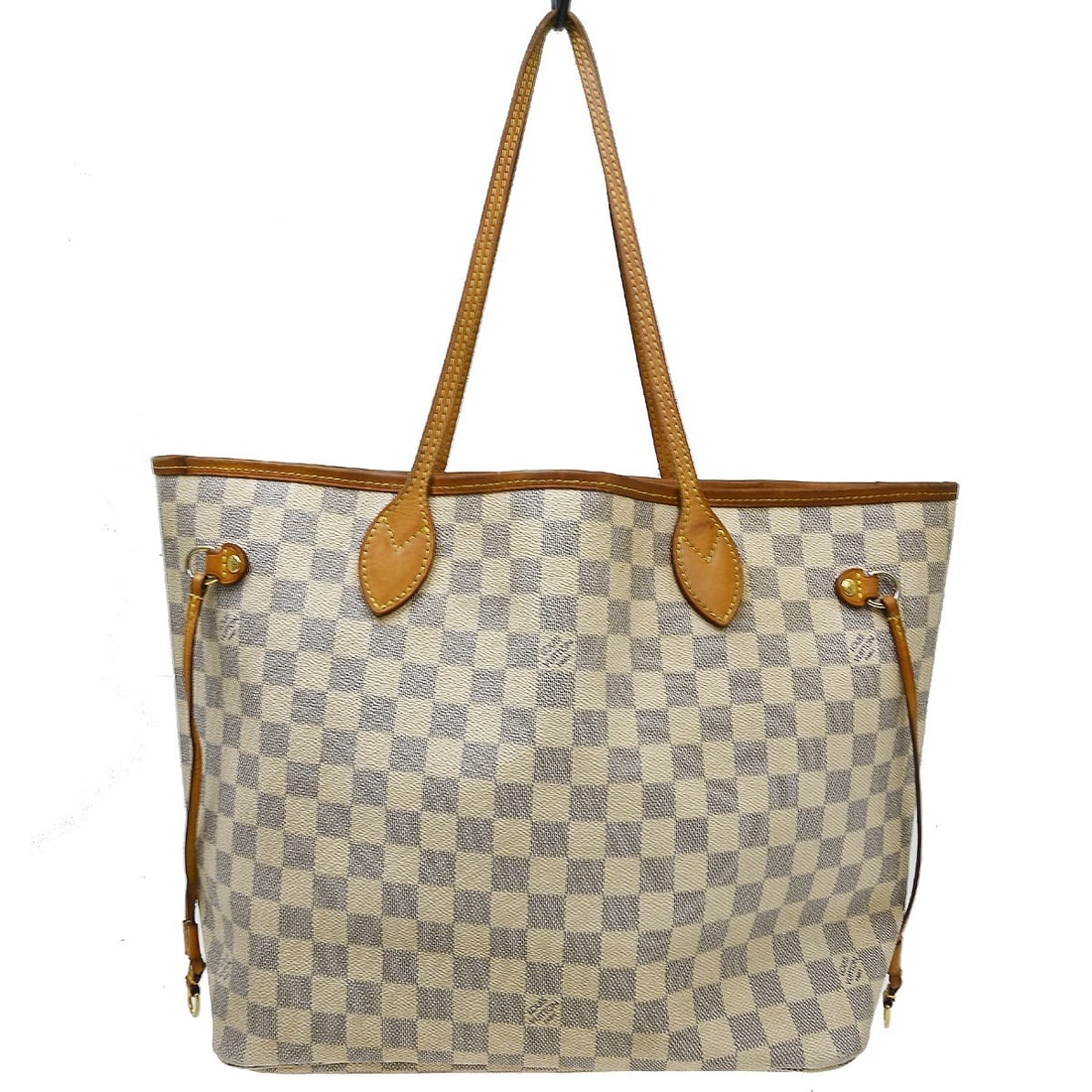 Louis Vuitton Neverfull MM Damier Azur Canvas Tote N51107: Louis Vuitton Neverfull MM Damier Azur Canvas Tote N51107 Vintage Louis Vuitton Neverfull MM tote bag in Damier Azur with double leather handles and a beige lining. This tote features a hook-and-loop 