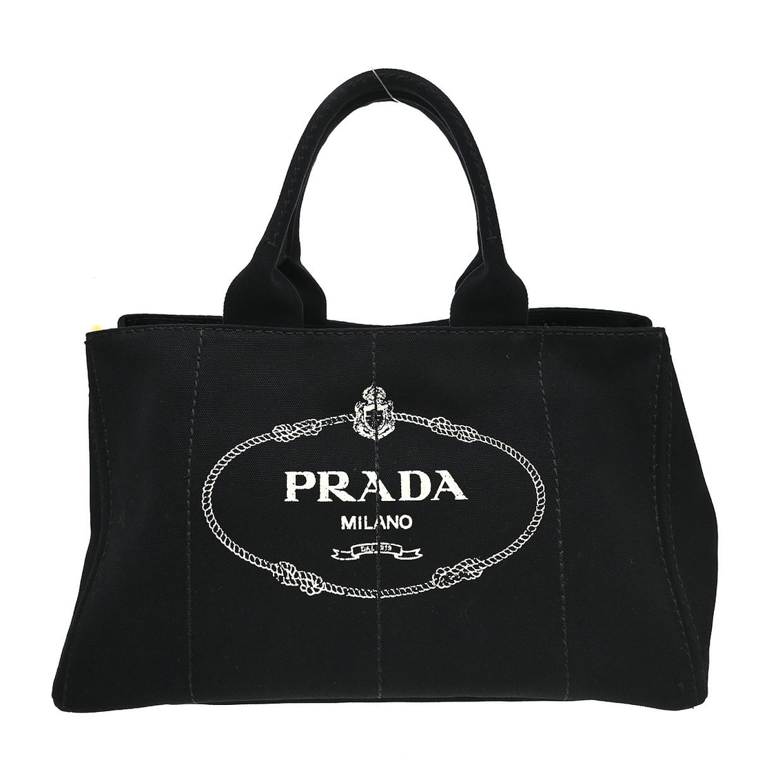PRADA Canapa BN1872 Medium Black Canvas Tote Bag: PRADA Canapa BN1872 Medium Black Canvas Tote Bag Prada Canapa tote handbag in black canvas with logo accent and black lining. This medium tote features a casual design with dual handles and a structur