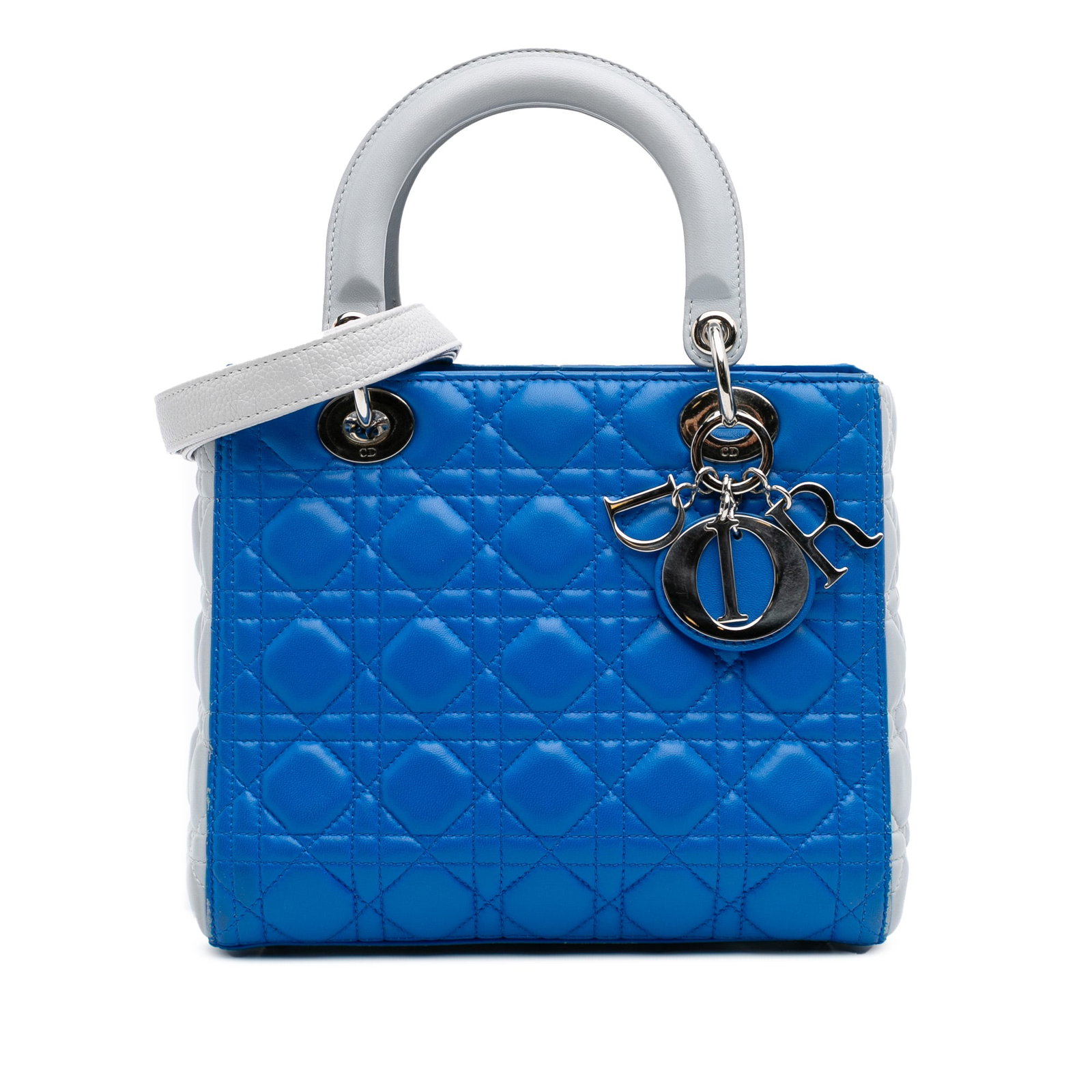 Dior Medium Bicolor Lambskin Cannage Lady Dior Blue Bag: Dior Medium Bicolor Lambskin Cannage Lady Dior Blue Bag This Medium Bicolor Lambskin Cannage Lady Dior bag exemplifies elegance and sophistication. Crafted from luxurious quilted lambskin leather, it 