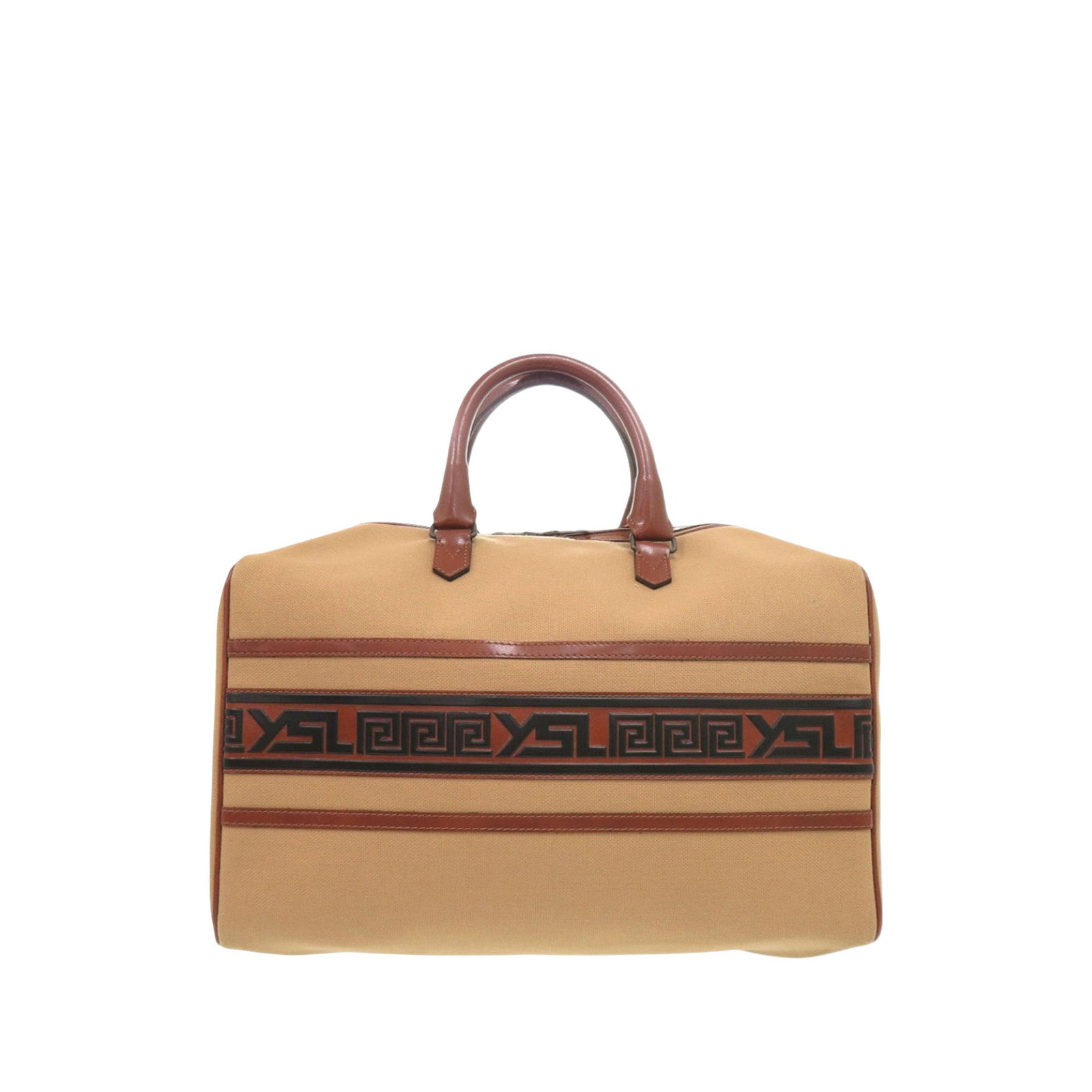 Saint Laurent Canvas Boston Bag Brown Fabric Leather Trim: Saint Laurent Canvas Boston Bag Brown Fabric Leather Trim Saint Laurent Canvas Boston Bag with leather trim and rolled leather handles. The bag features a top zip closure and an interior zip pocket. C
