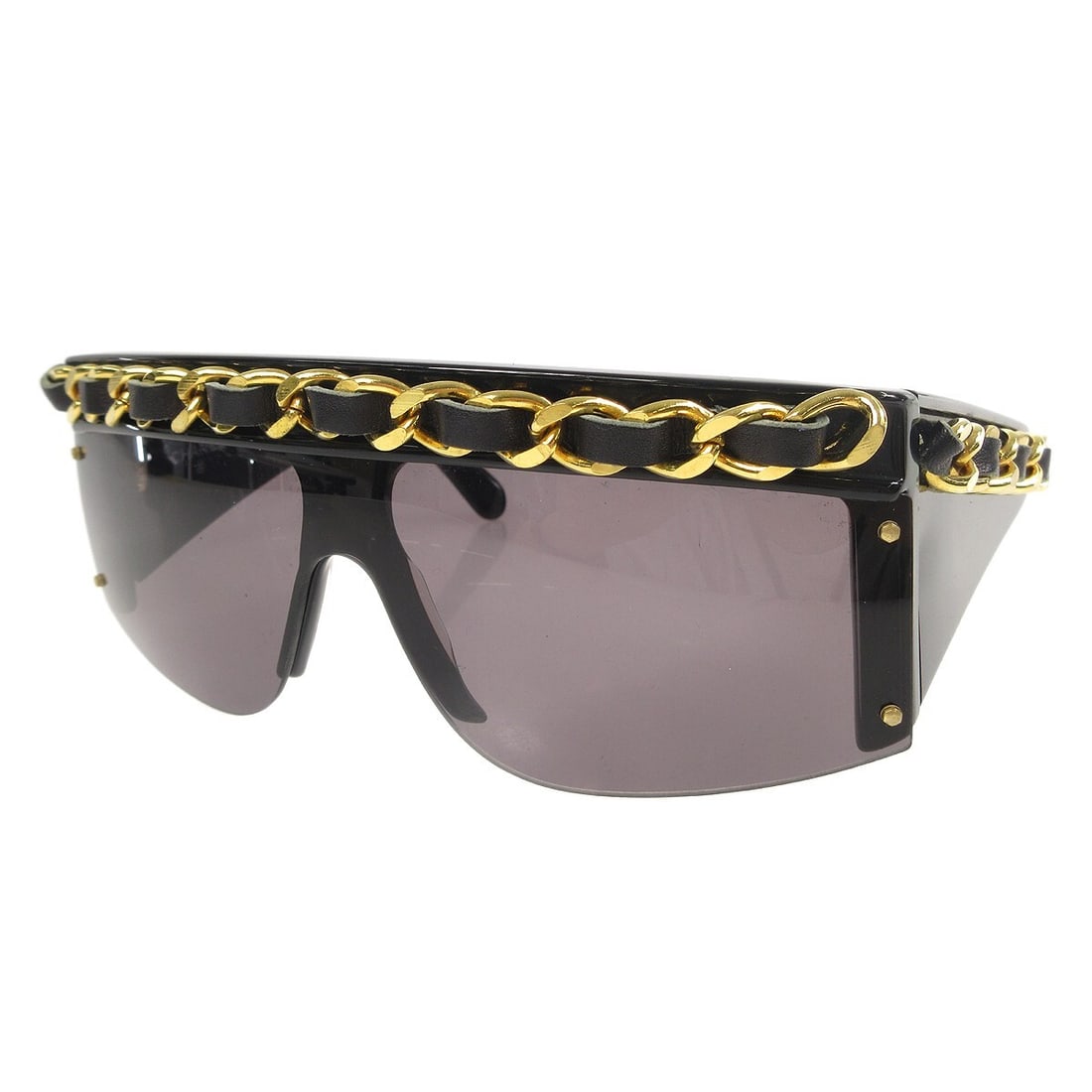 CHANEL 01455 94305 Square Sunglasses Black Metal Plastic: CHANEL 01455 94305 Square Sunglasses Black Metal Plastic Square sunglasses by Chanel featuring a black frame with black lenses and chain detailing. Made in Italy, this women's eyewear combines metal a