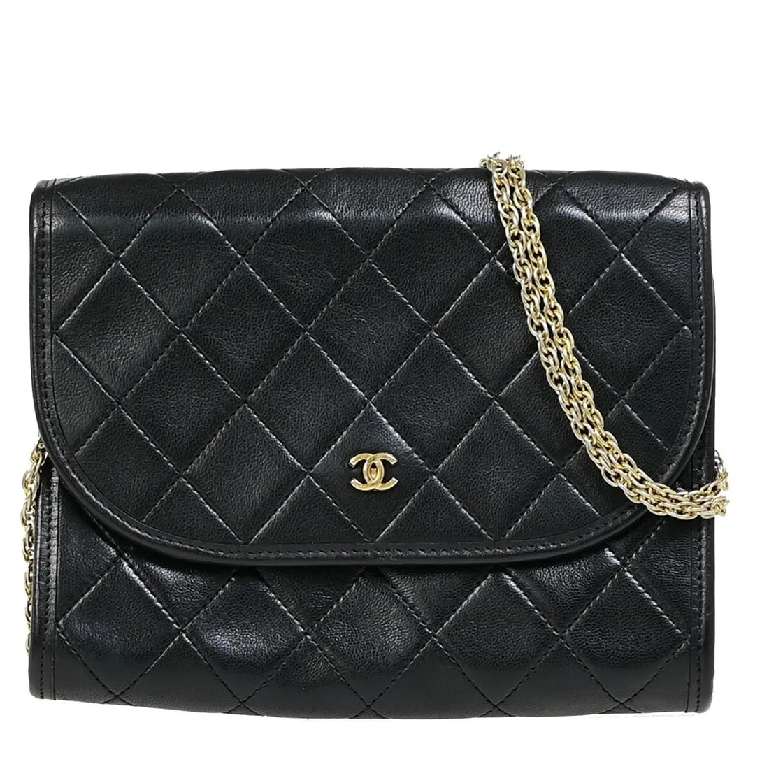 Chanel Black Quilted Lambskin Vintage Round Flap Shoulder Bag: Chanel Black Quilted Lambskin Vintage Round Flap Shoulder Bag This Chanel Vintage Round Flap Bag is crafted from quilted black leather and features a classic round silhouette. Designed for women, it i