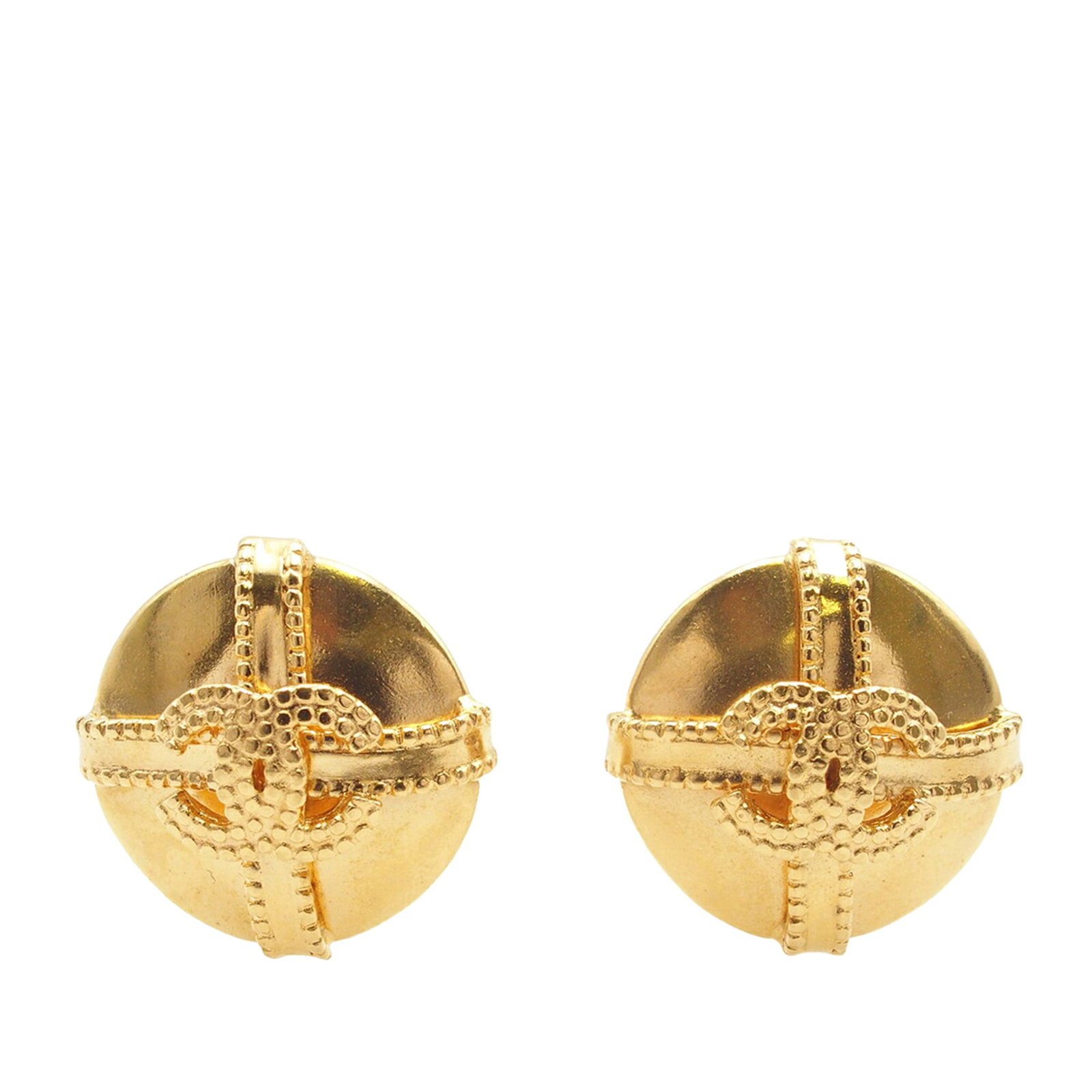 Chanel CC Gold Plated Round Clip On Earrings: Chanel CC Gold Plated Round Clip On Earrings These Chanel CC round clip-on earrings feature a gold plated metal body with the iconic CC logo. Designed with clip-on closures, they offer a classic look 