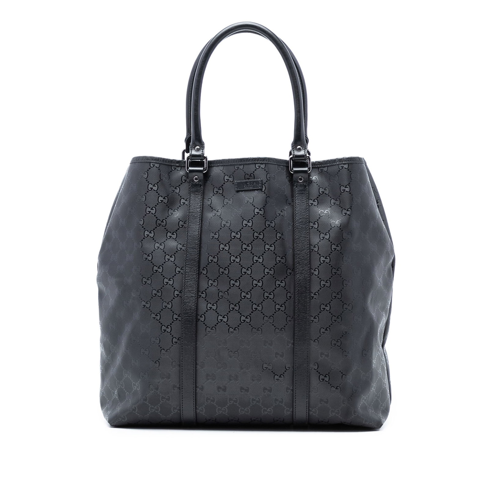Gucci GG Imprime Joy Black Vertical Tote Bag with Leather Trim: Gucci GG Imprime Joy Black Vertical Tote Bag with Leather Trim This Gucci GG Imprime Joy Vertical Tote features a coated canvas body with leather trim, rolled leather handles, and an open top with mag